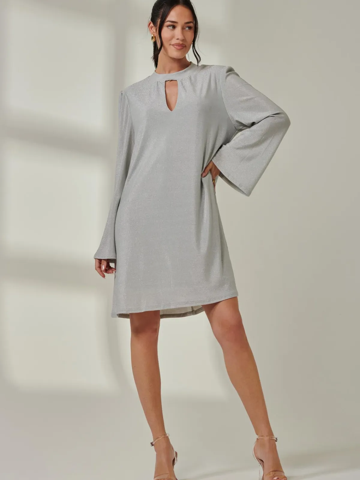 Jolie Moi Occasion Dresses|Long Sleeved Dresses-Metallic Keyhole Detail Tunic Dress, Silver