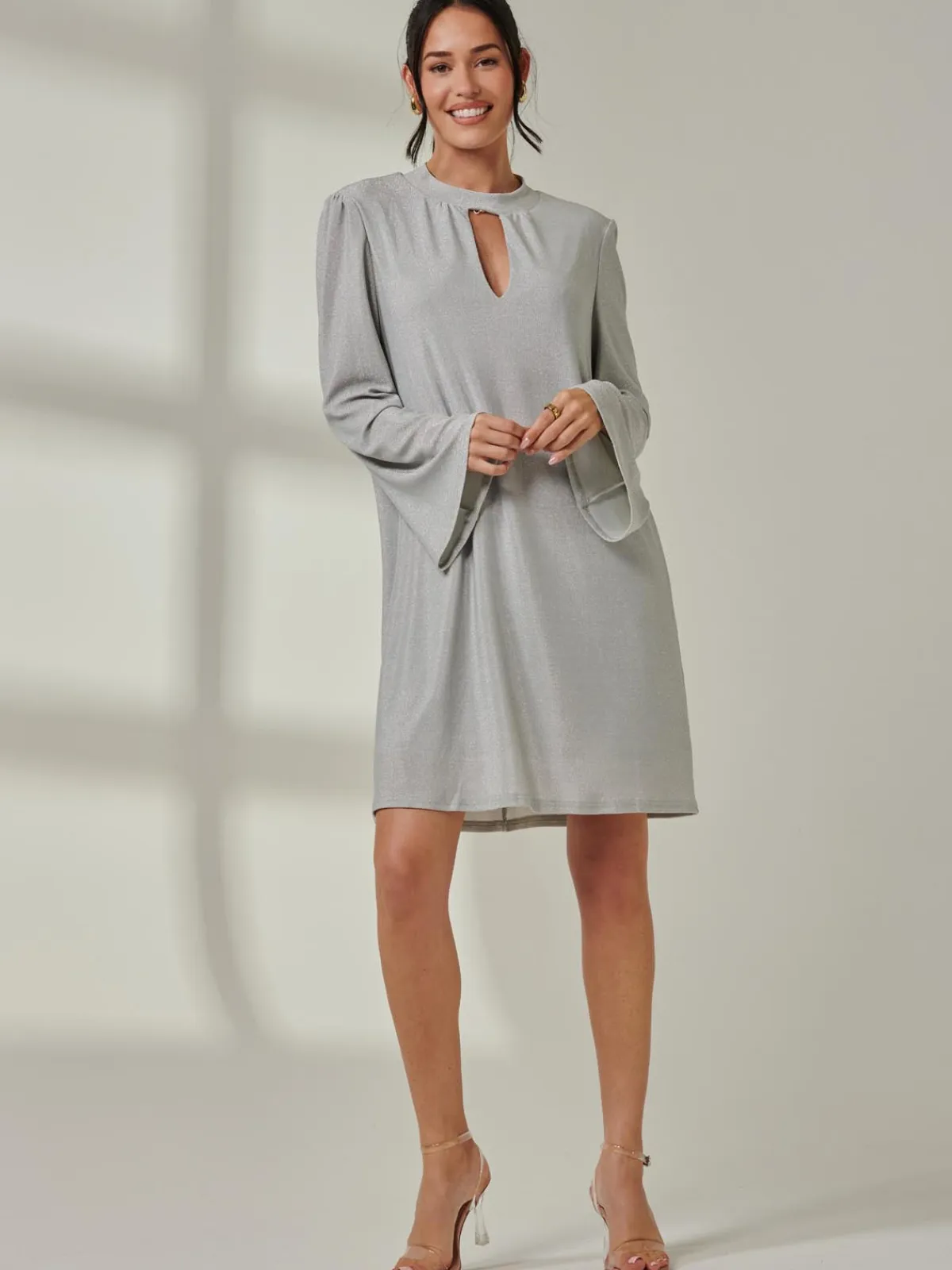 Jolie Moi Occasion Dresses|Long Sleeved Dresses-Metallic Keyhole Detail Tunic Dress, Silver