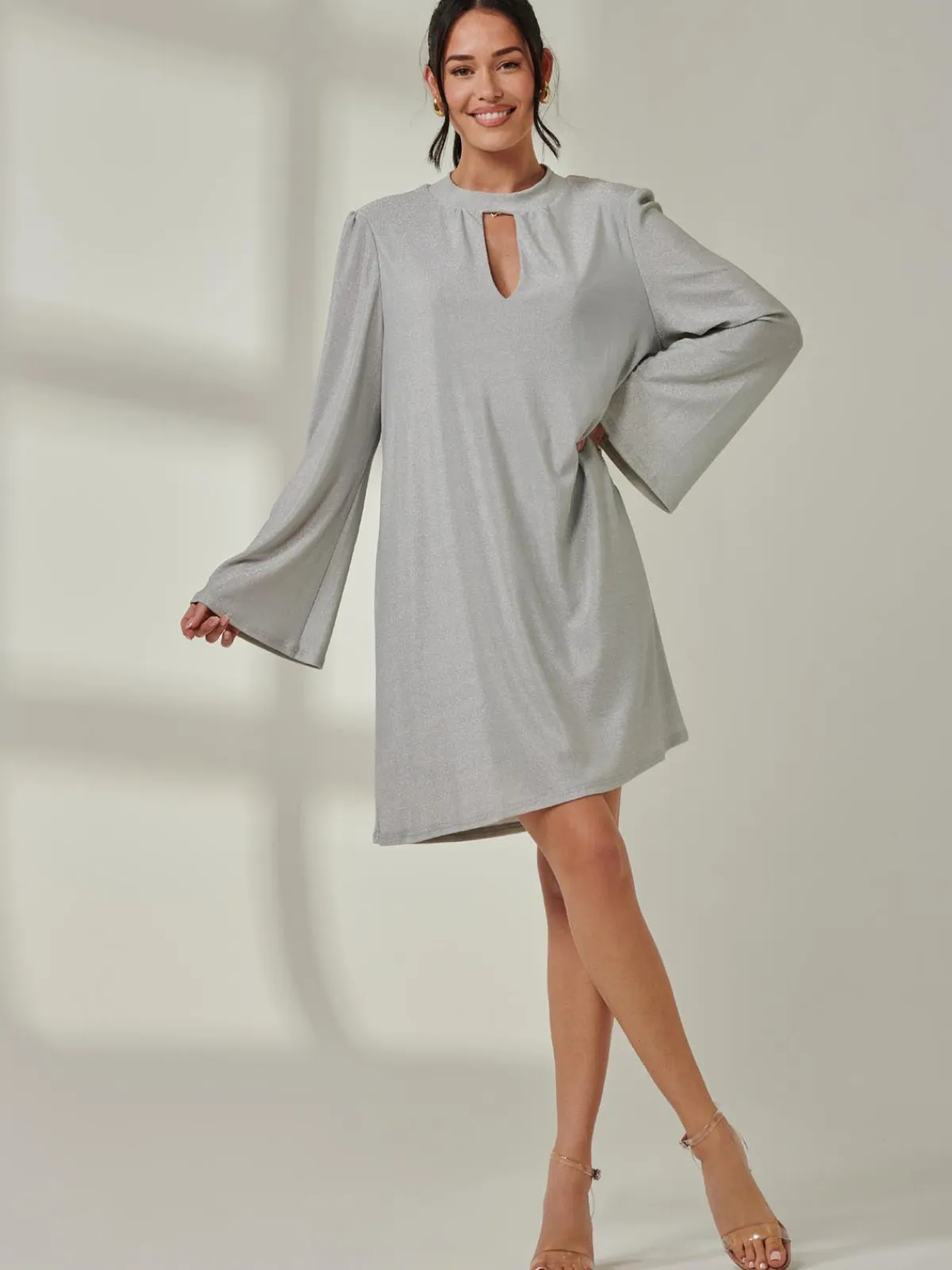 Jolie Moi Occasion Dresses|Long Sleeved Dresses-Metallic Keyhole Detail Tunic Dress, Silver
