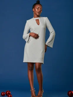 Jolie Moi Occasion Dresses|Long Sleeved Dresses-Metallic Keyhole Detail Tunic Dress, Silver
