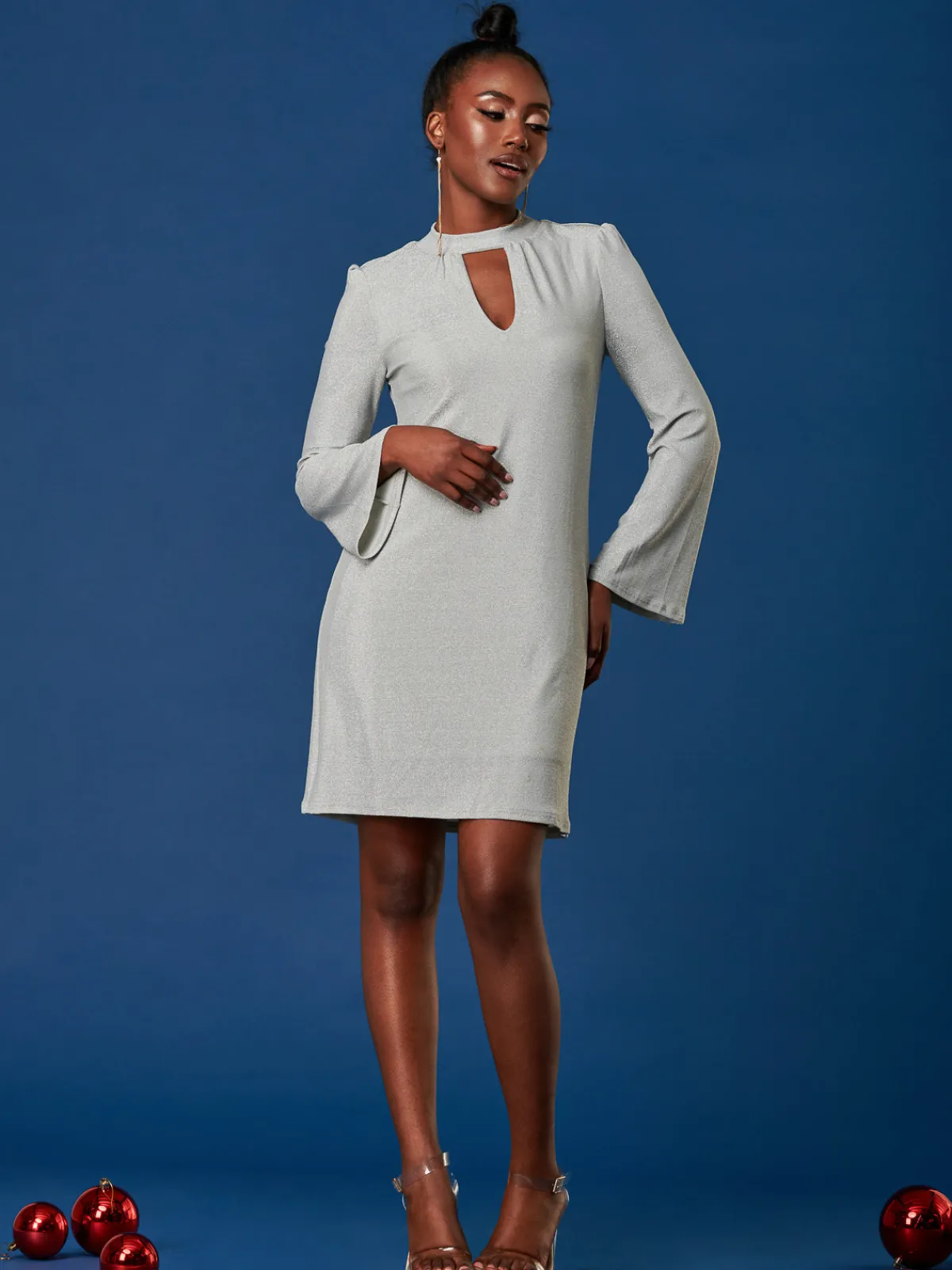 Jolie Moi Occasion Dresses|Long Sleeved Dresses-Metallic Keyhole Detail Tunic Dress, Silver