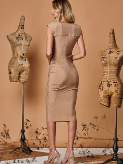 Jolie Moi Occasion Dresses|Sleeveless Dresses-Metallic Sparkly Ruched Bodycon Dress, Gold
