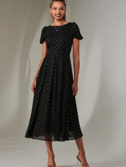 Jolie Moi Occasion Dresses|Party Dresses-Metallic Spot Chiffon Midimix Dress, Black