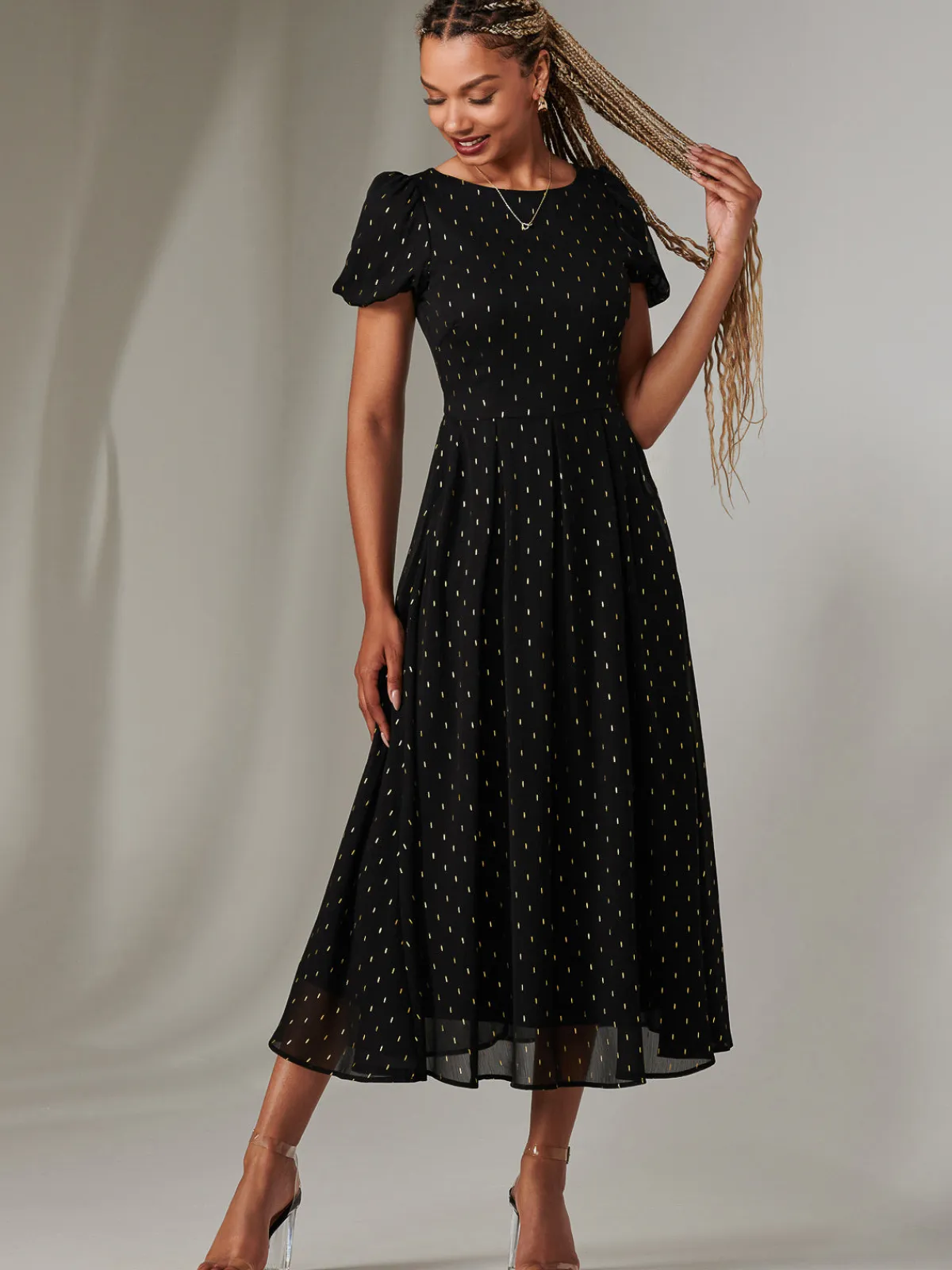 Jolie Moi Occasion Dresses|Party Dresses-Metallic Spot Chiffon Midimix Dress, Black