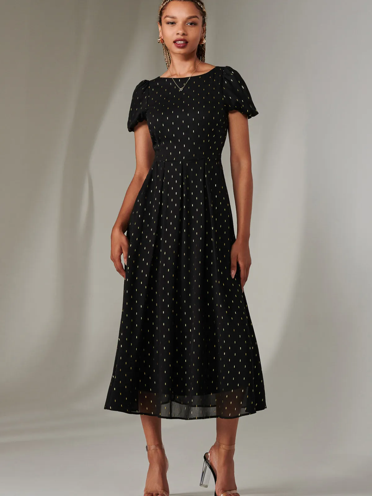 Jolie Moi Occasion Dresses|Party Dresses-Metallic Spot Chiffon Midimix Dress, Black