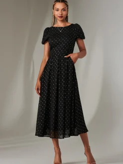 Jolie Moi Occasion Dresses|Party Dresses-Metallic Spot Chiffon Midimix Dress, Black