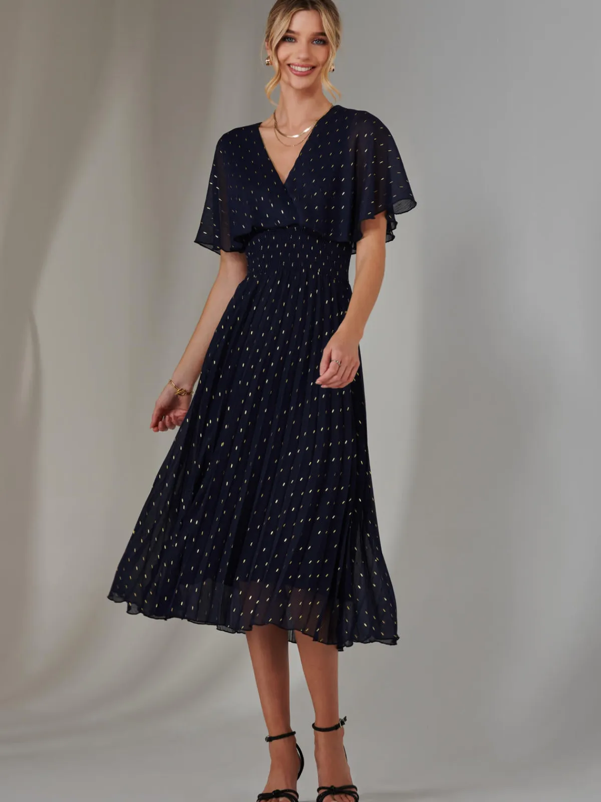 Jolie Moi Occasion Dresses-Metallic Spot Chiffon Pleated Dress, Navy