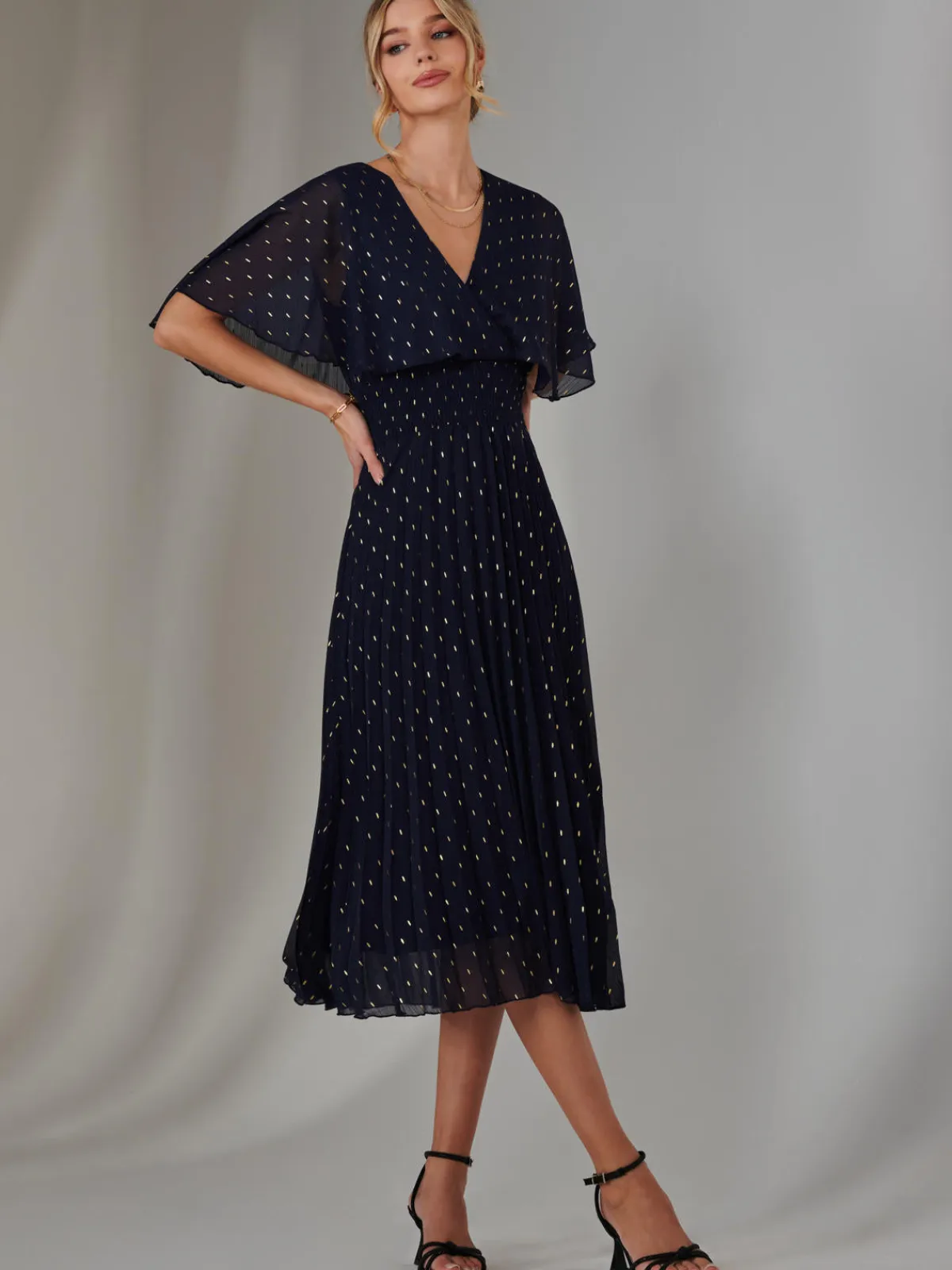 Jolie Moi Occasion Dresses-Metallic Spot Chiffon Pleated Dress, Navy