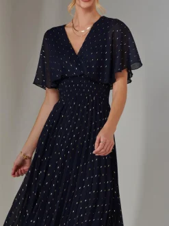 Jolie Moi Occasion Dresses-Metallic Spot Chiffon Pleated Dress, Navy
