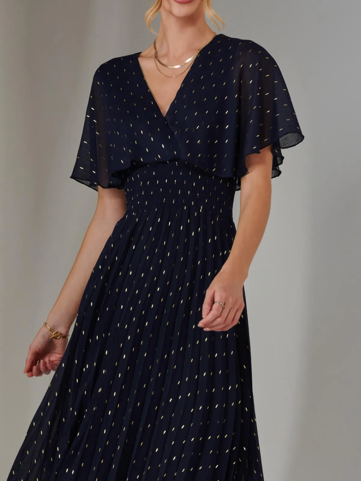 Jolie Moi Occasion Dresses-Metallic Spot Chiffon Pleated Dress, Navy