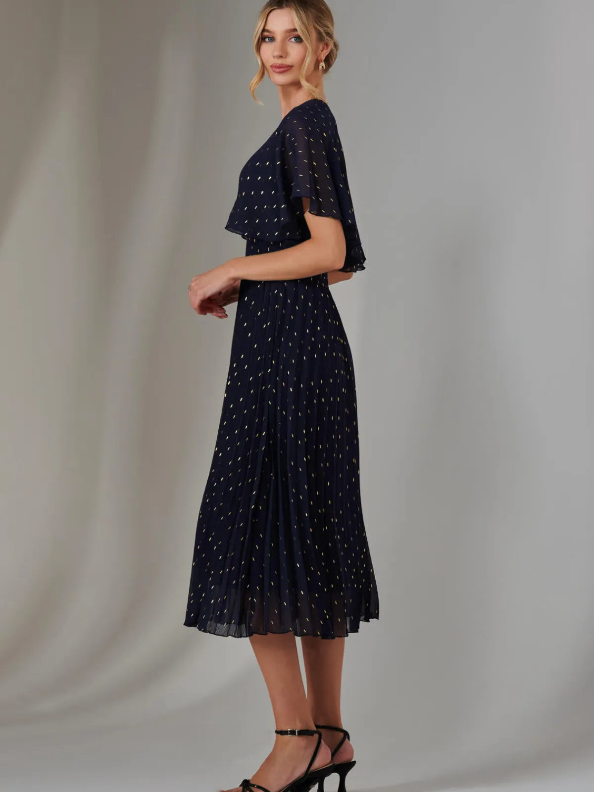 Jolie Moi Occasion Dresses-Metallic Spot Chiffon Pleated Dress, Navy