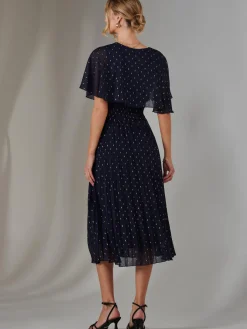 Jolie Moi Occasion Dresses-Metallic Spot Chiffon Pleated Dress, Navy