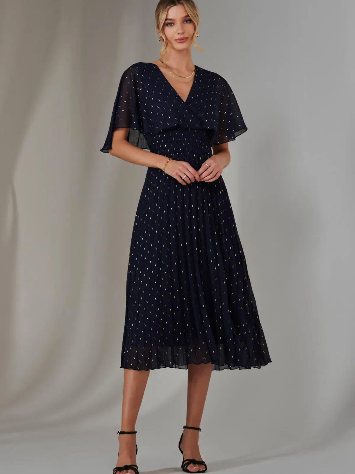Jolie Moi Occasion Dresses-Metallic Spot Chiffon Pleated Dress, Navy