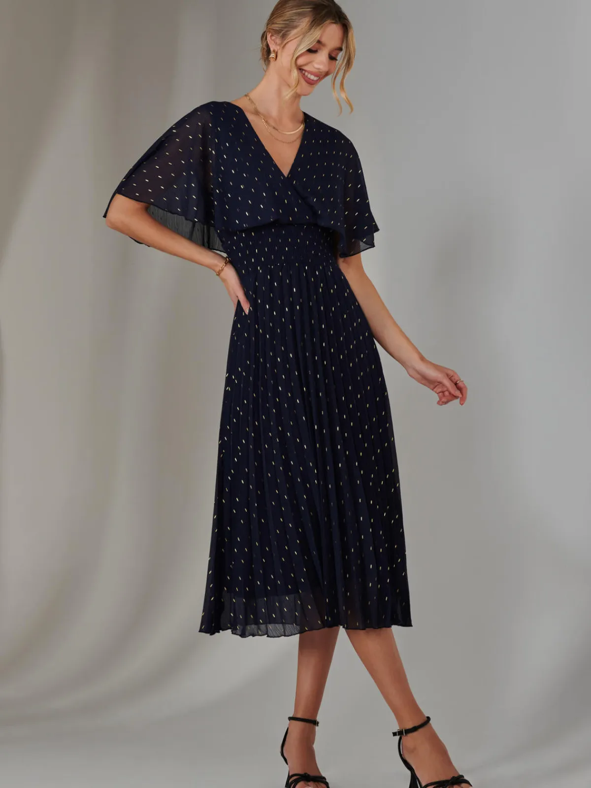 Jolie Moi Occasion Dresses-Metallic Spot Chiffon Pleated Dress, Navy