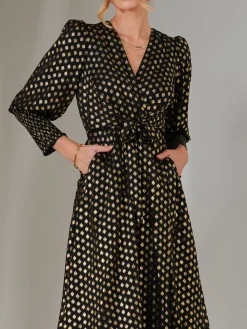 Jolie Moi Occasion Dresses|Printed Dresses-Metallic Spot Print Puffy Sleeve Maxi Dress, Black