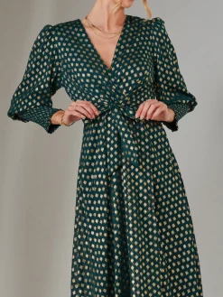 Jolie Moi Occasion Dresses|Printed Dresses-Metallic Spot Print Puffy Sleeve Maxi Dress, Dark Green