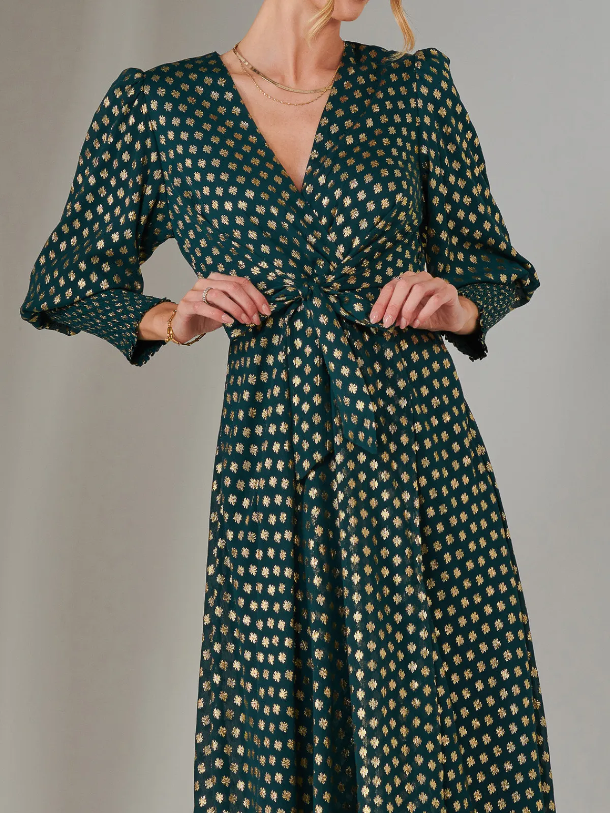 Jolie Moi Occasion Dresses|Printed Dresses-Metallic Spot Print Puffy Sleeve Maxi Dress, Dark Green