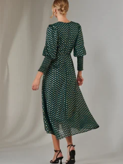 Jolie Moi Occasion Dresses|Printed Dresses-Metallic Spot Print Puffy Sleeve Maxi Dress, Dark Green