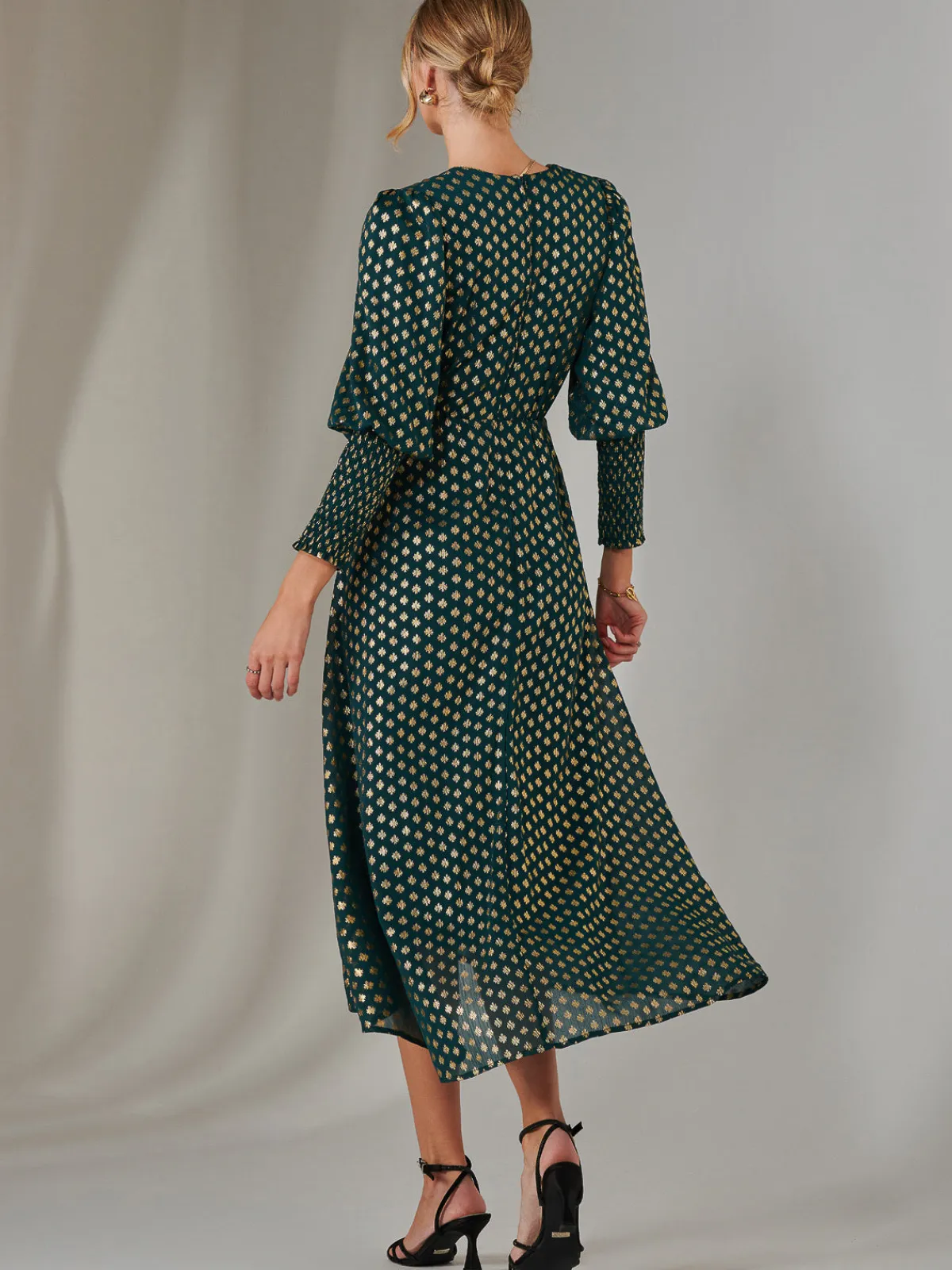 Jolie Moi Occasion Dresses|Printed Dresses-Metallic Spot Print Puffy Sleeve Maxi Dress, Dark Green