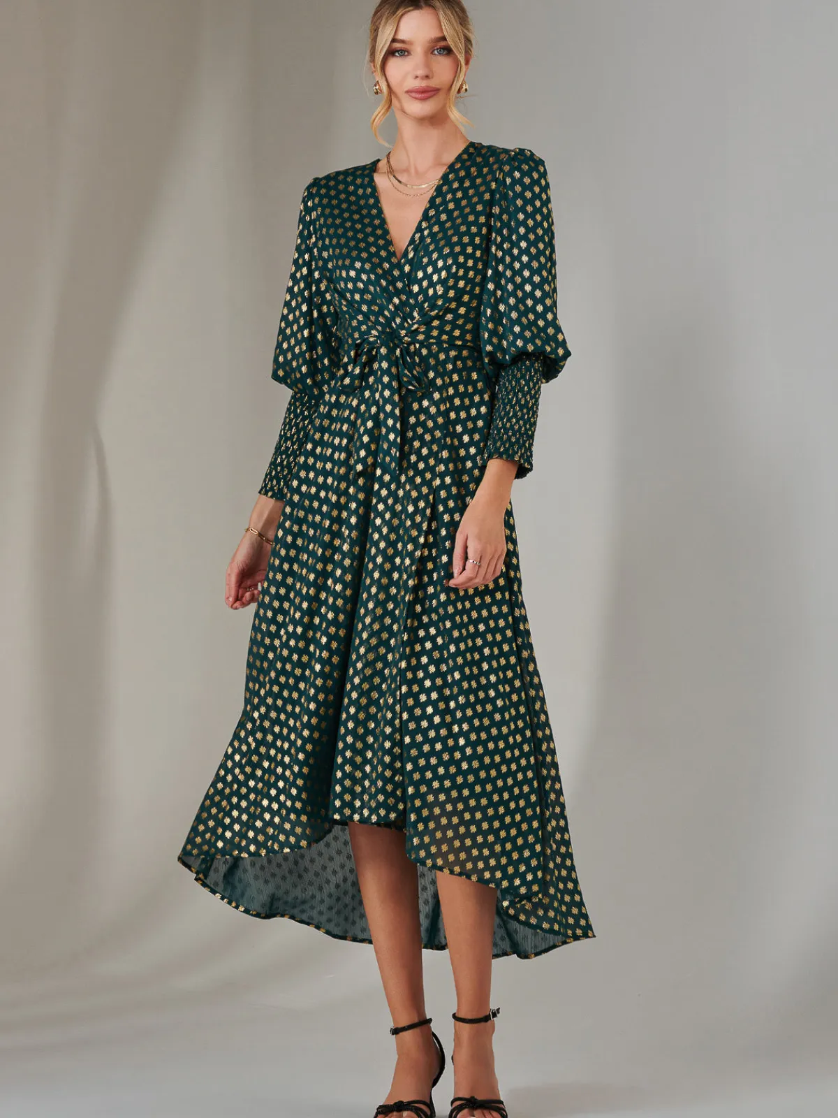 Jolie Moi Occasion Dresses|Printed Dresses-Metallic Spot Print Puffy Sleeve Maxi Dress, Dark Green