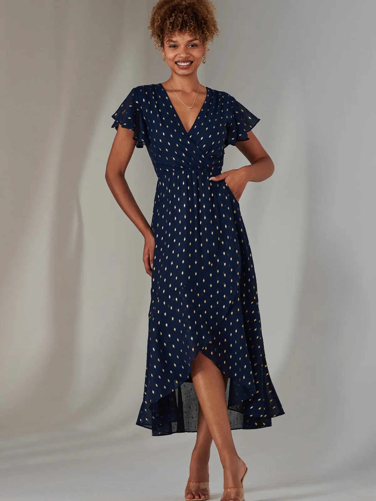 Jolie Moi Occasion Dresses-Metallic Spot Textured Chiffon Maxi Dress, Navy
