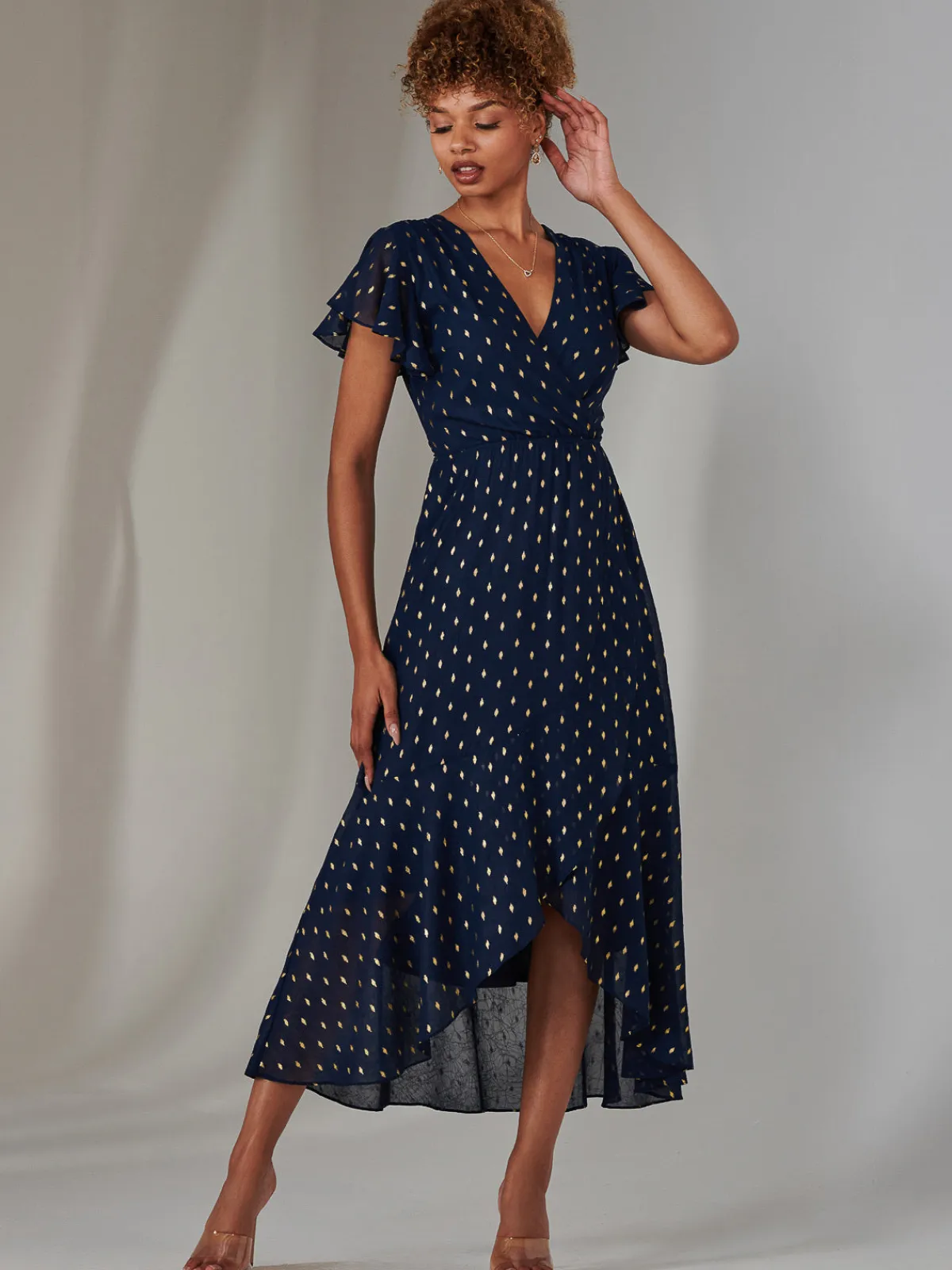 Jolie Moi Occasion Dresses-Metallic Spot Textured Chiffon Maxi Dress, Navy