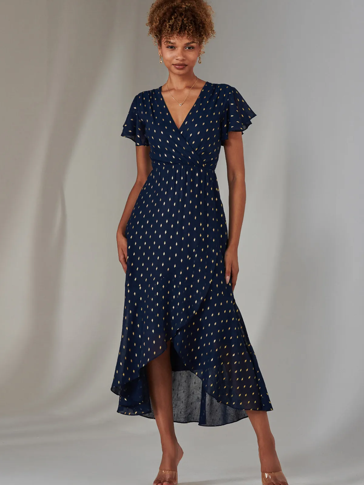 Jolie Moi Occasion Dresses-Metallic Spot Textured Chiffon Maxi Dress, Navy