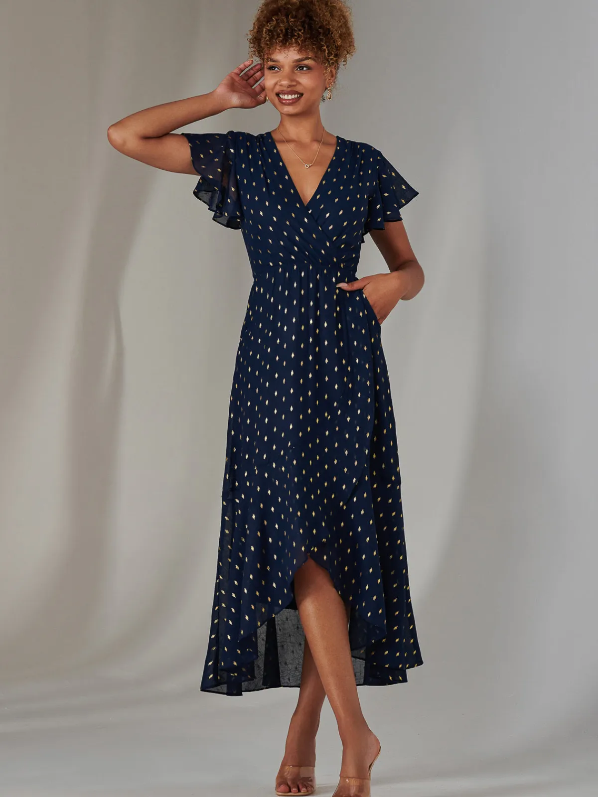 Jolie Moi Occasion Dresses-Metallic Spot Textured Chiffon Maxi Dress, Navy