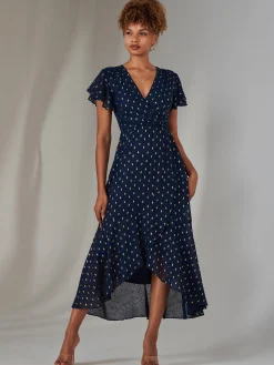 Jolie Moi Occasion Dresses-Metallic Spot Textured Chiffon Maxi Dress, Navy