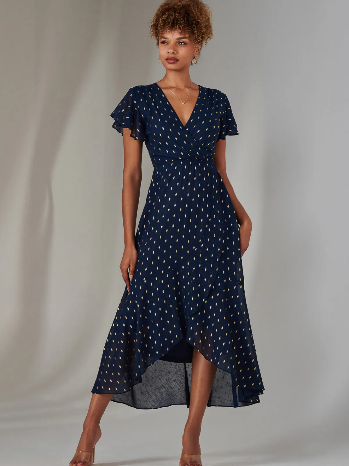 Jolie Moi Occasion Dresses-Metallic Spot Textured Chiffon Maxi Dress, Navy