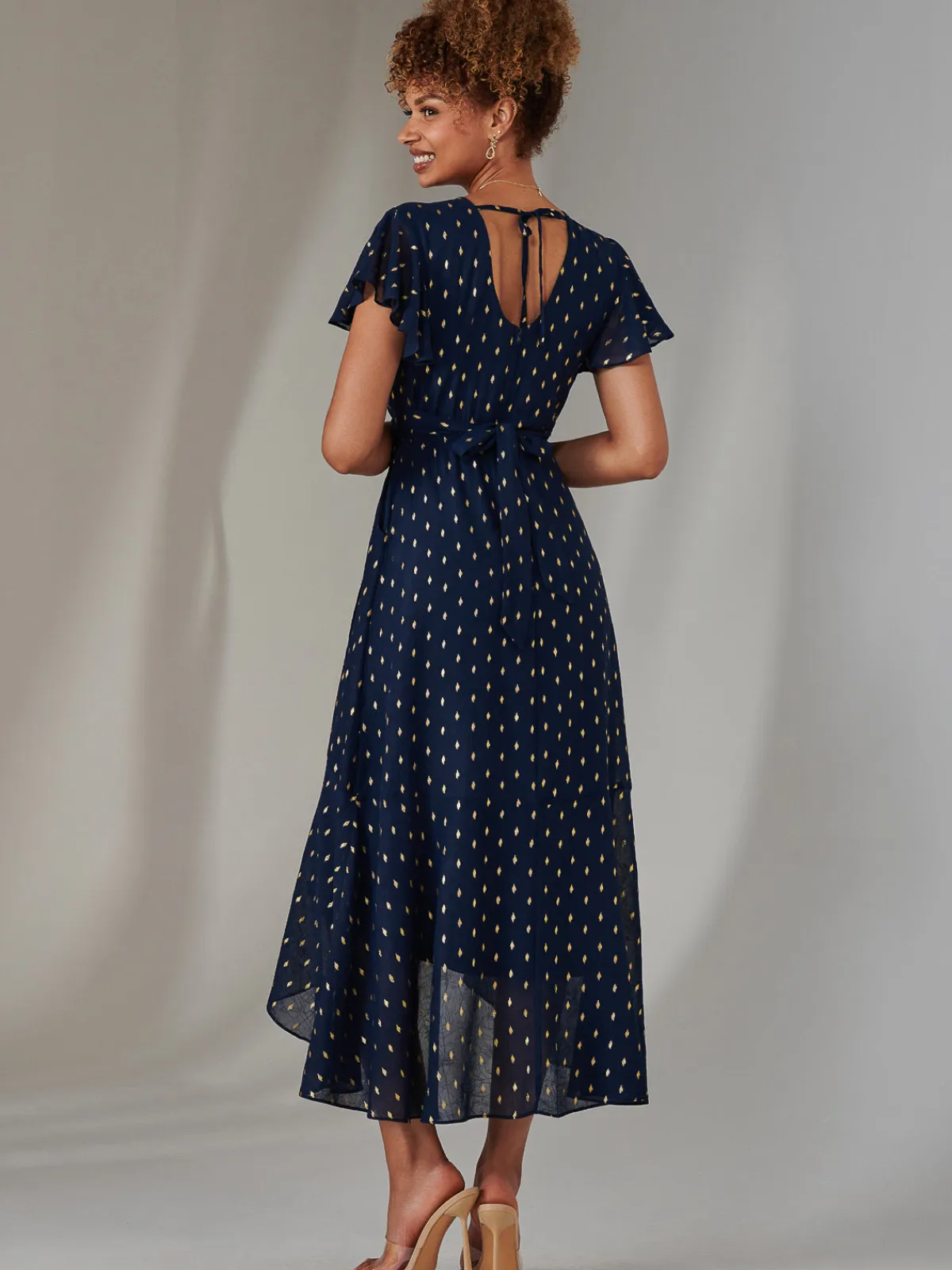 Jolie Moi Occasion Dresses-Metallic Spot Textured Chiffon Maxi Dress, Navy
