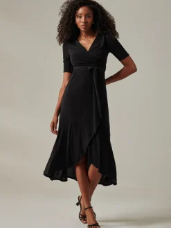 Jolie Moi Occasion Dresses|Party Dresses-Metallic Tie Waist Wrapped Maxi Dress, Black