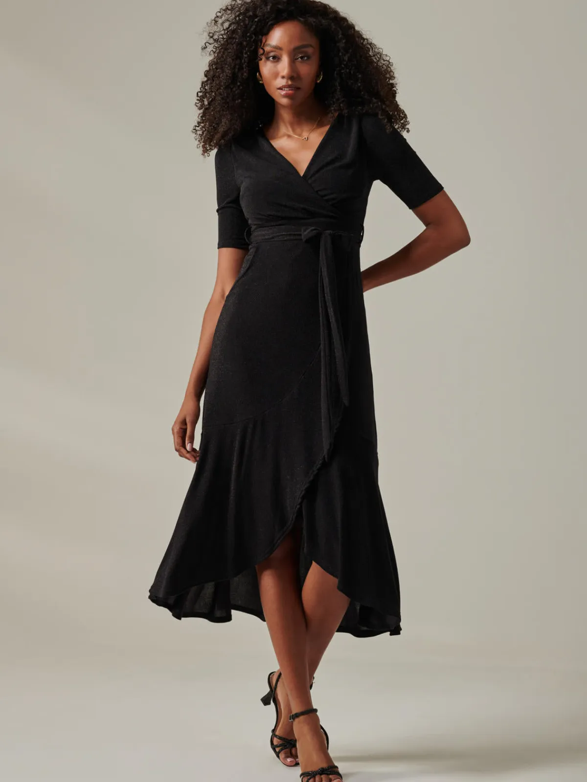 Jolie Moi Occasion Dresses|Party Dresses-Metallic Tie Waist Wrapped Maxi Dress, Black