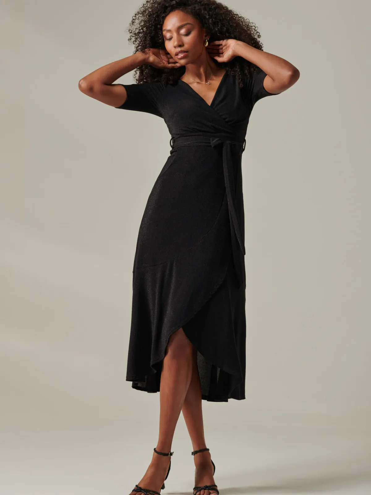 Jolie Moi Occasion Dresses|Party Dresses-Metallic Tie Waist Wrapped Maxi Dress, Black