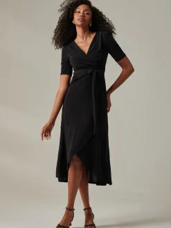 Jolie Moi Occasion Dresses|Party Dresses-Metallic Tie Waist Wrapped Maxi Dress, Black