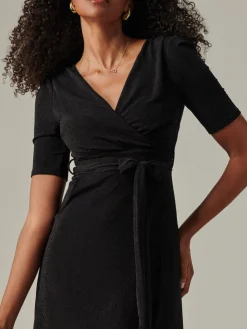 Jolie Moi Occasion Dresses|Party Dresses-Metallic Tie Waist Wrapped Maxi Dress, Black