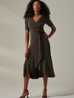 Jolie Moi Occasion Dresses|Party Dresses-Metallic Tie Waist Wrapped Maxi Dress, Black/Gold