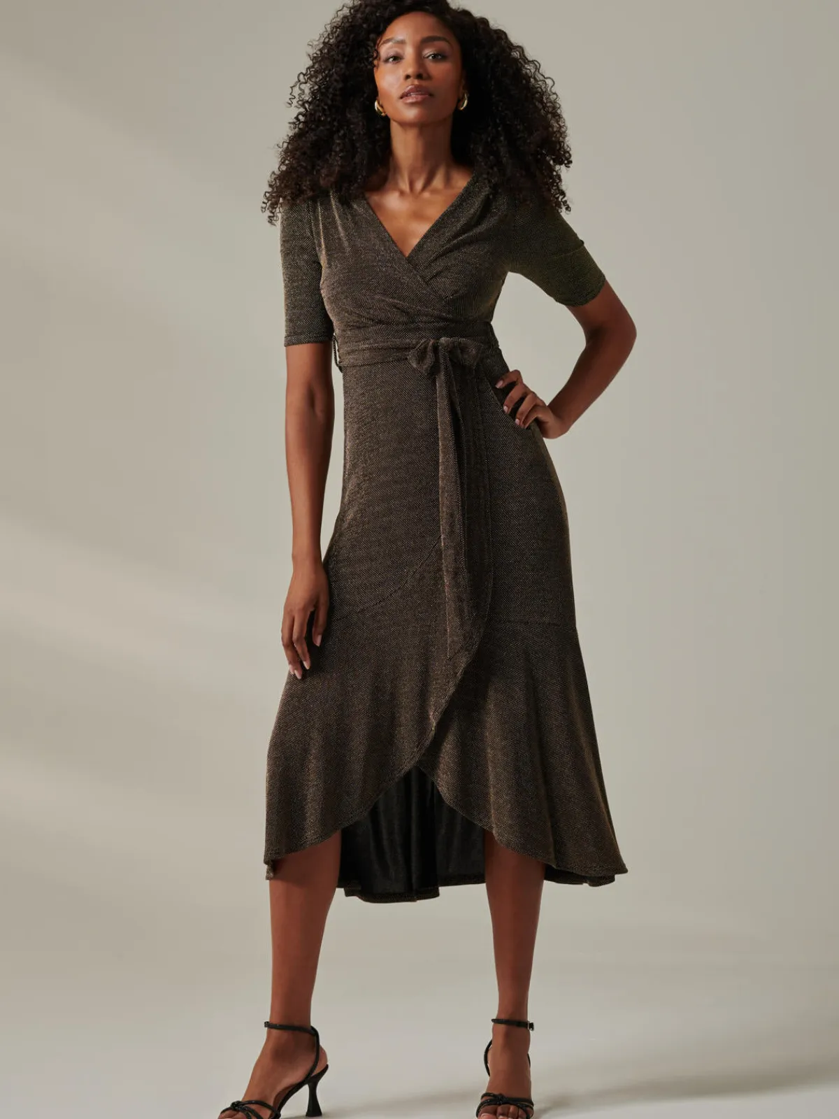 Jolie Moi Occasion Dresses|Party Dresses-Metallic Tie Waist Wrapped Maxi Dress, Black/Gold