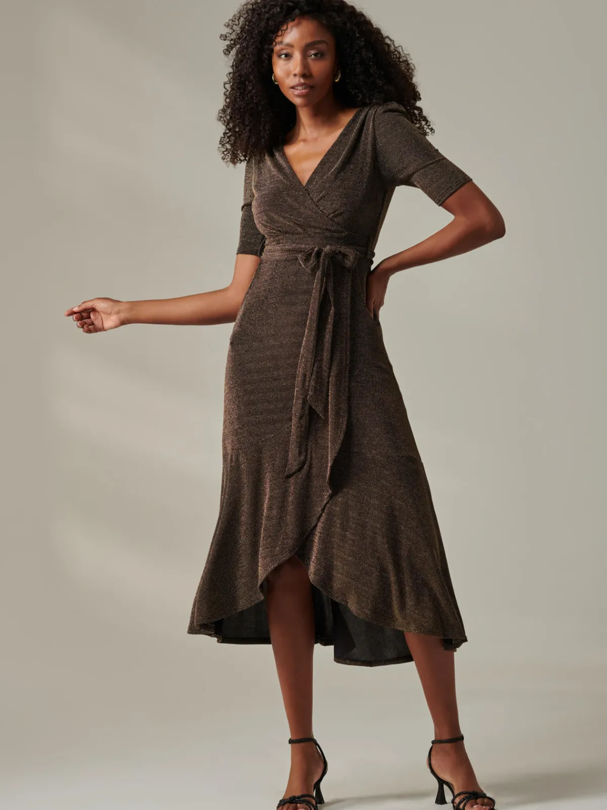 Jolie Moi Occasion Dresses|Party Dresses-Metallic Tie Waist Wrapped Maxi Dress, Black/Gold