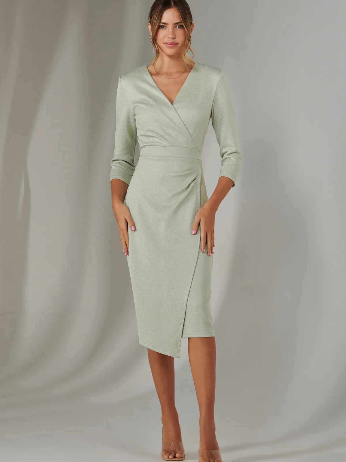 Jolie Moi Occasion Dresses|Party Dresses-Metallic Wrap Bodycon Dress, Light Green