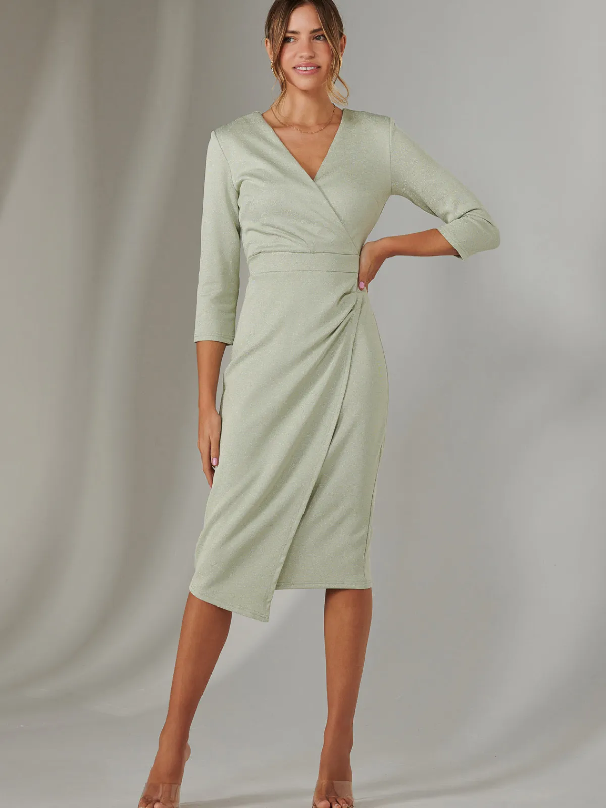 Jolie Moi Occasion Dresses|Party Dresses-Metallic Wrap Bodycon Dress, Light Green
