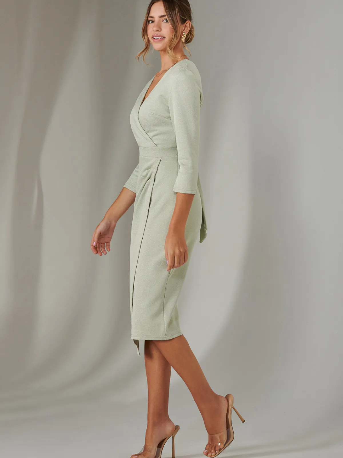 Jolie Moi Occasion Dresses|Party Dresses-Metallic Wrap Bodycon Dress, Light Green