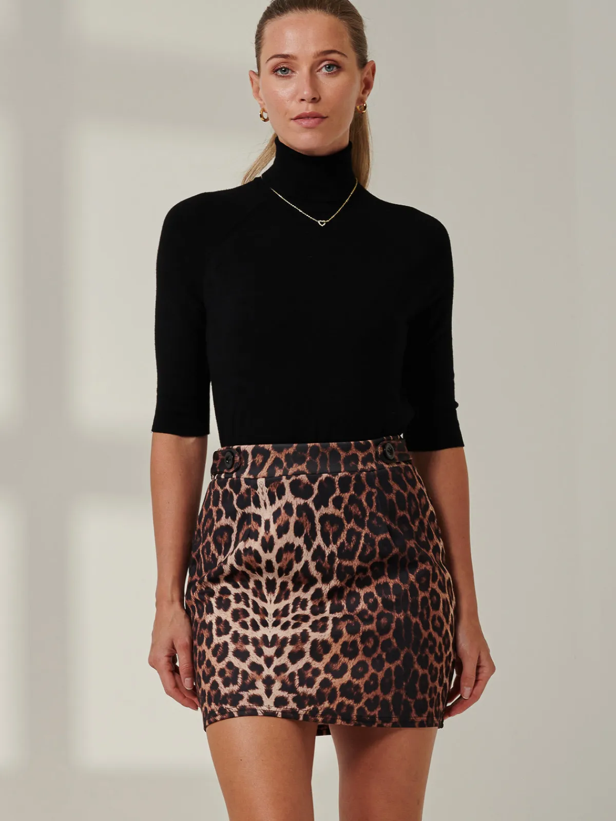 Jolie Moi Skirts|Weekend Casuals-Mini Skirt With Button Detail, Black Leopard