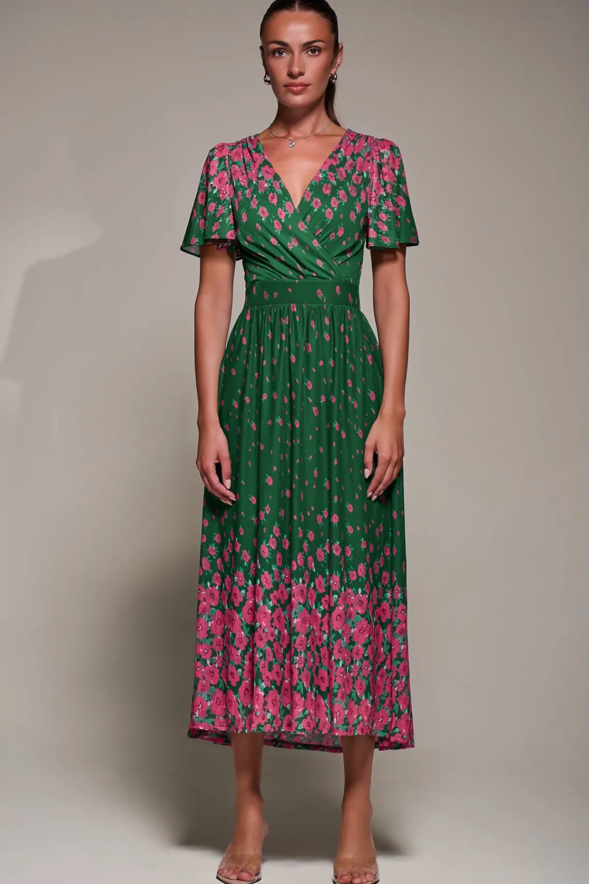Jolie Moi Occasion Dresses|Floral Dresses-Mirrored Mesh Short Sleeve Midaxi Dress, Green Floral