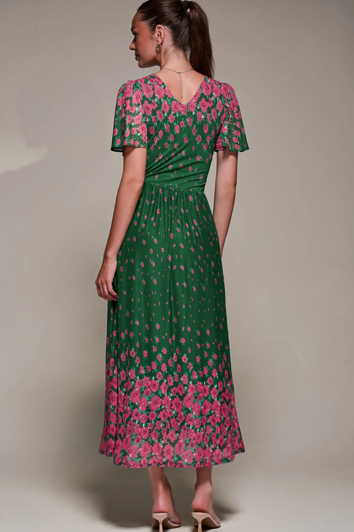Jolie Moi Occasion Dresses|Floral Dresses-Mirrored Mesh Short Sleeve Midaxi Dress, Green Floral