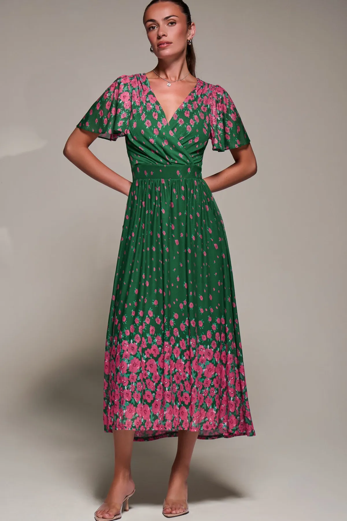 Jolie Moi Occasion Dresses|Floral Dresses-Mirrored Mesh Short Sleeve Midaxi Dress, Green Floral
