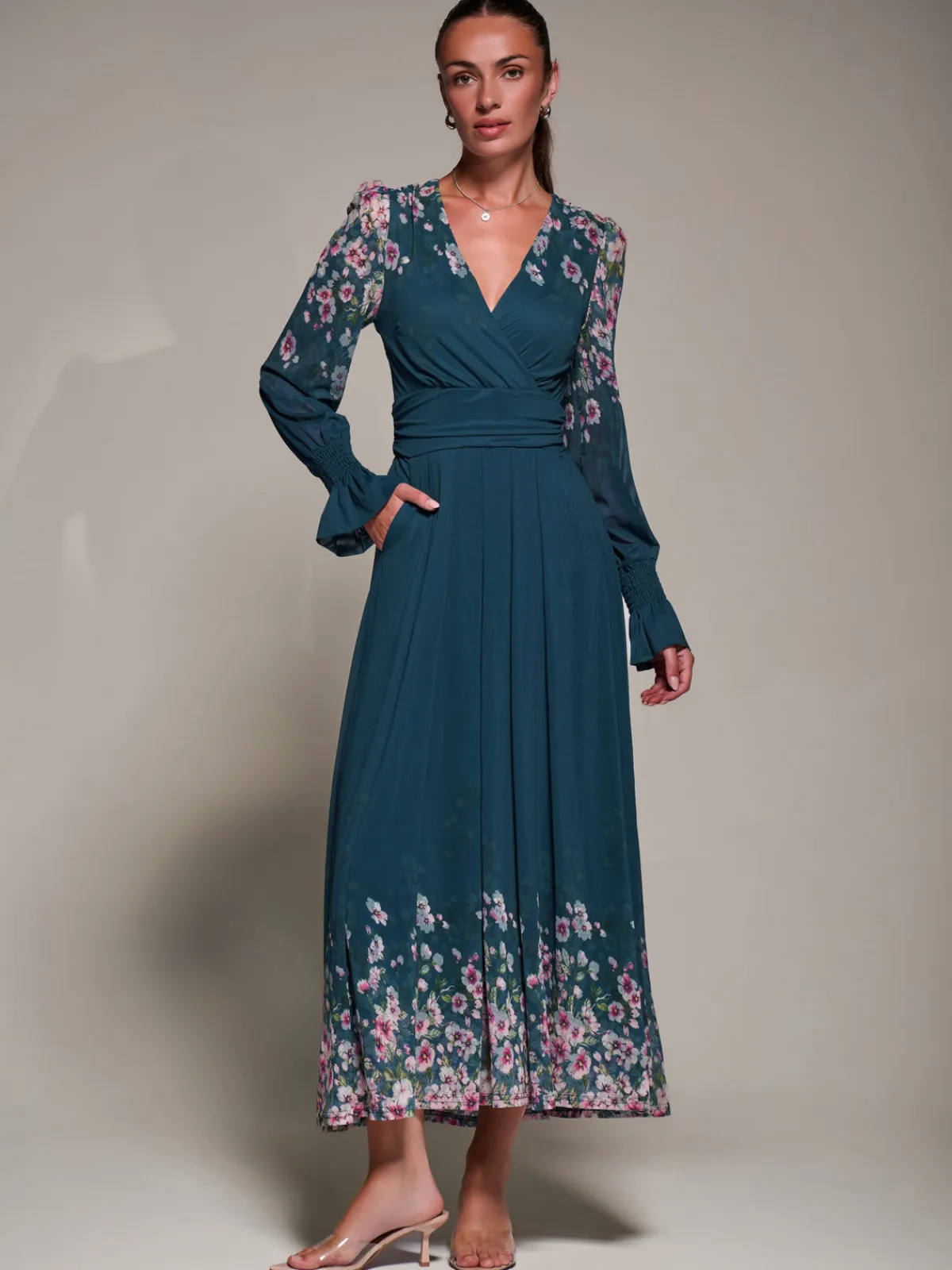 Jolie Moi Occasion Dresses|Floral Dresses-Mirrored Print Long Sleeve Mesh Maxi Dress, Teal Floral