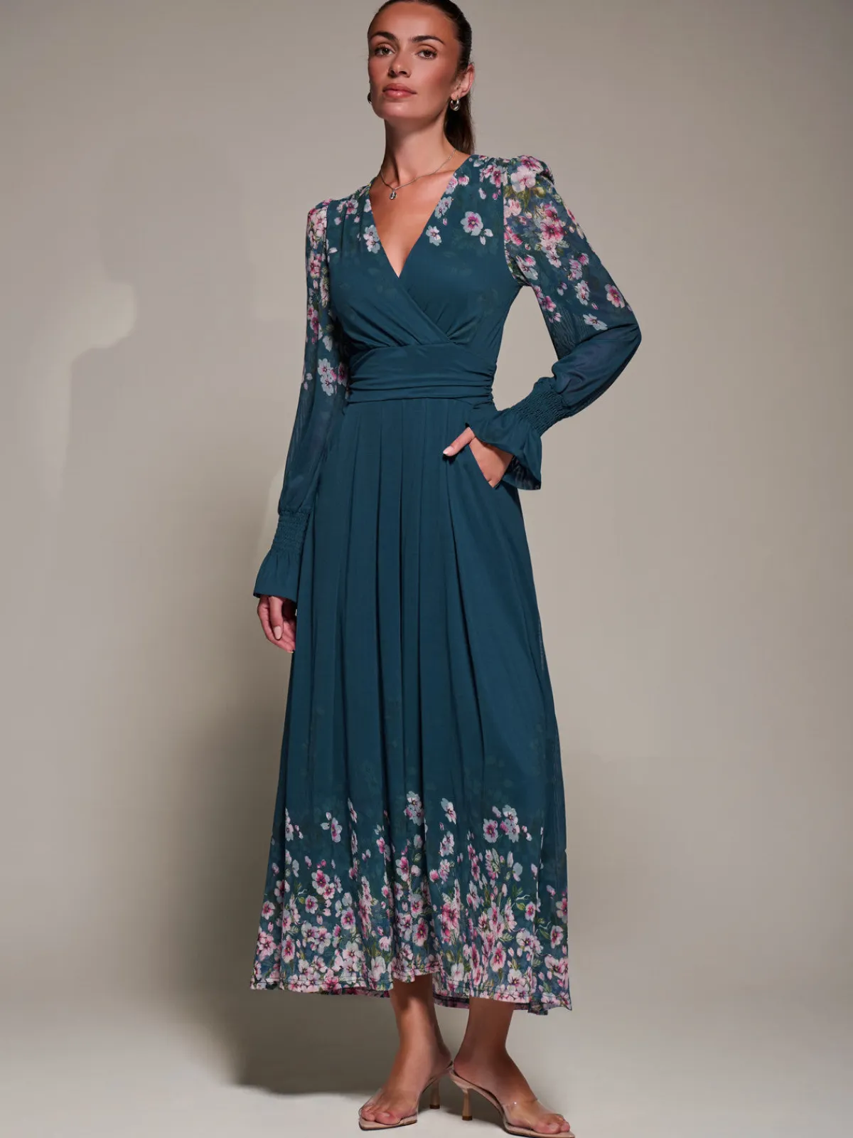 Jolie Moi Occasion Dresses|Floral Dresses-Mirrored Print Long Sleeve Mesh Maxi Dress, Teal Floral