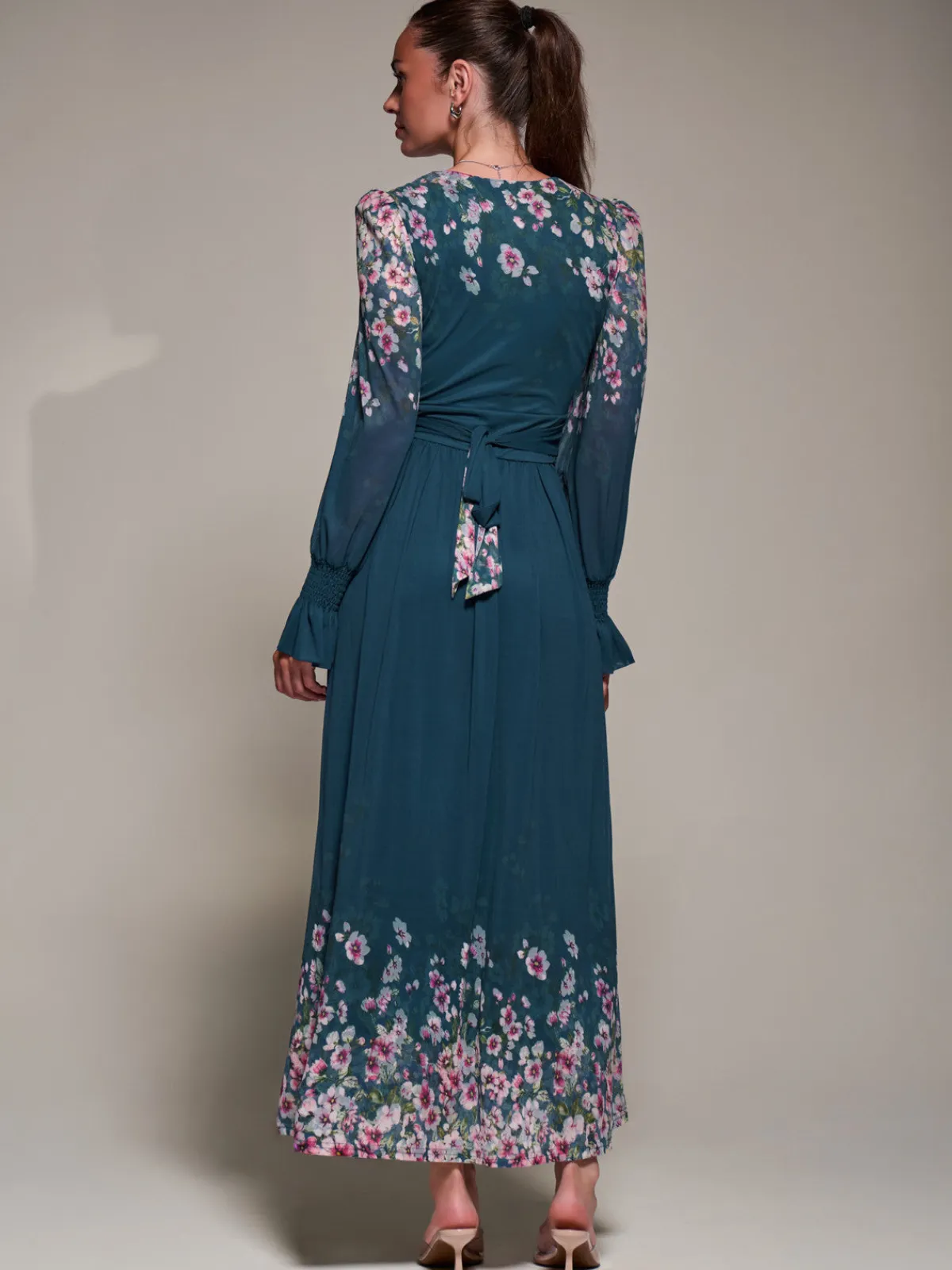 Jolie Moi Occasion Dresses|Floral Dresses-Mirrored Print Long Sleeve Mesh Maxi Dress, Teal Floral