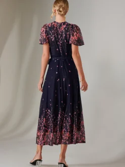 Jolie Moi Occasion Dresses|Floral Dresses-Mirror Print Mesh Wrap Maxi Dress, Navy Floral